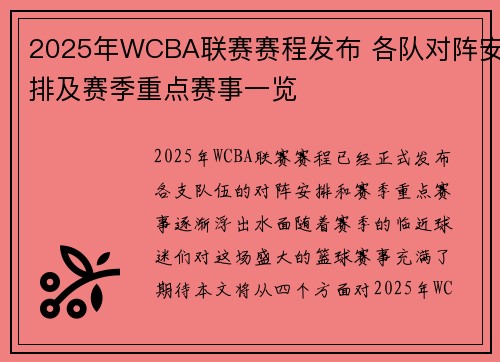 2025年WCBA联赛赛程发布 各队对阵安排及赛季重点赛事一览
