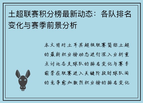 土超联赛积分榜最新动态：各队排名变化与赛季前景分析