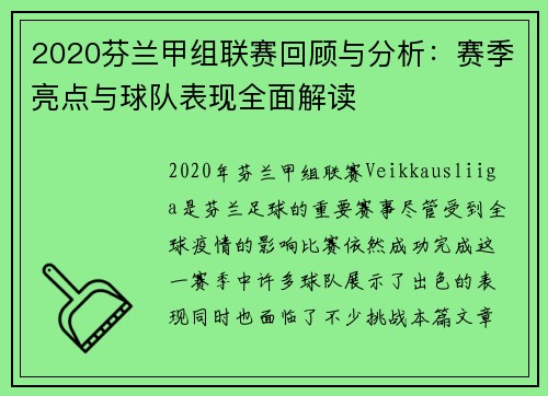 2020芬兰甲组联赛回顾与分析：赛季亮点与球队表现全面解读