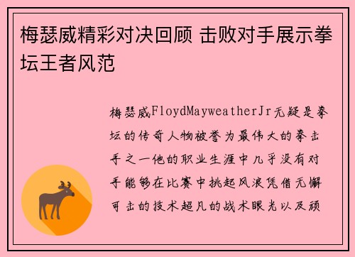梅瑟威精彩对决回顾 击败对手展示拳坛王者风范