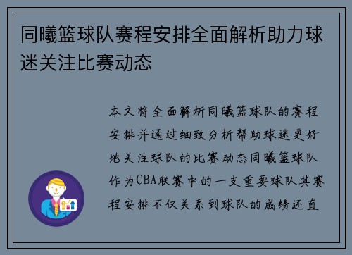 同曦篮球队赛程安排全面解析助力球迷关注比赛动态