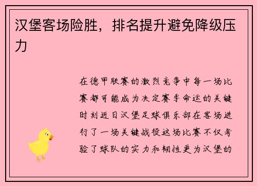 汉堡客场险胜，排名提升避免降级压力